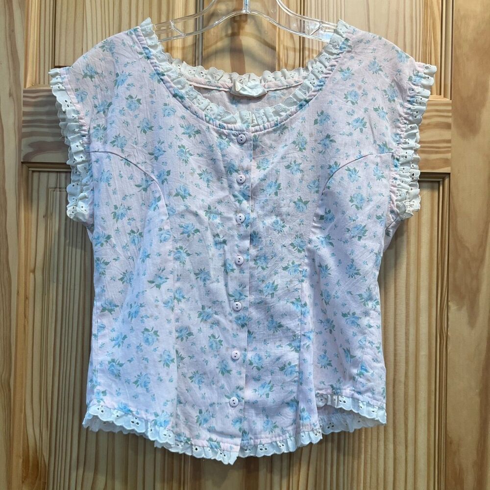 Vintage 80s/90s Team Landon West Pink Blue Floral Eyelet Lace Trim Blouse L